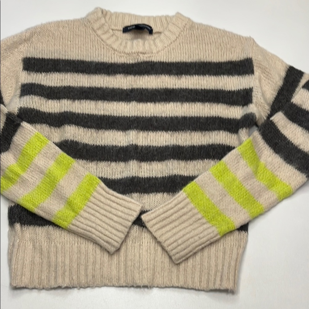 French Connection Alpaca Wool Striped Cream and Gray Sweater with Neon Accents